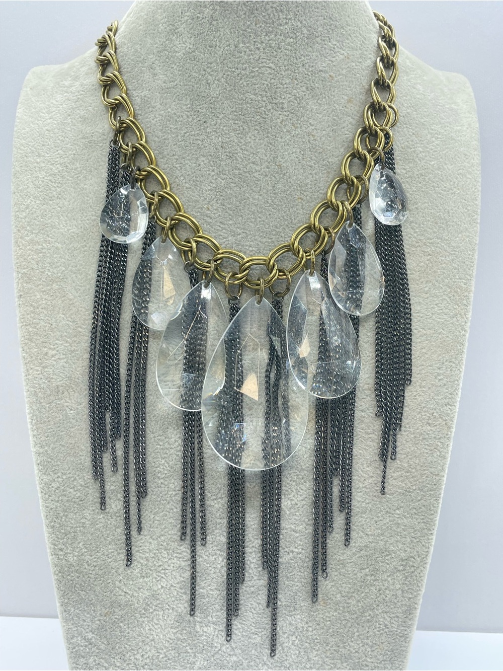 Joan Rivers Gunmetal Fringe Necklace Clear Acrylic Statement Bib